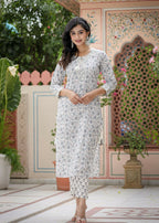 Kaajh Women's White Grey Floral Print Cotton Kurta Pant Set | Grocsy