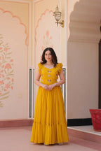 Vastranavya Yellow Faux Blooming With Sequins Multithreaded Beads Embroidered work Gown | Grocsy