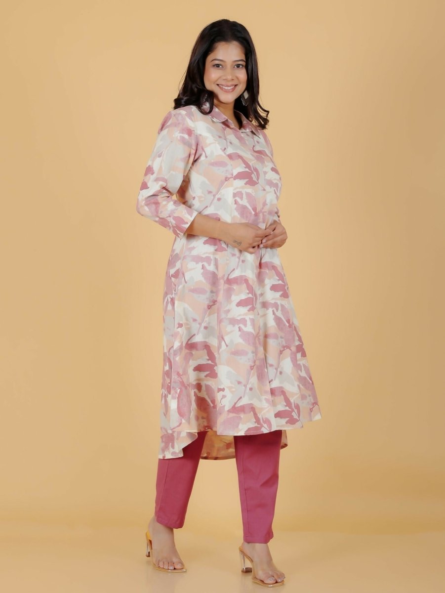 Aramya Pink Linen Cotton Foliage Print High Low Kurta Set for Women | Grocsy