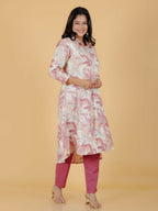 Aramya Pink Linen Cotton Foliage Print High Low Kurta Set for Women | Grocsy