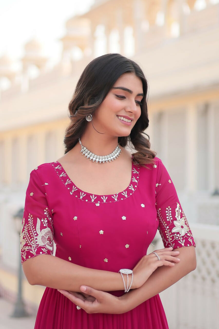 Vastranavya Premium Designer Faux Blooming with Embroidery Zari Sequins work Gown - Pink | Grocsy
