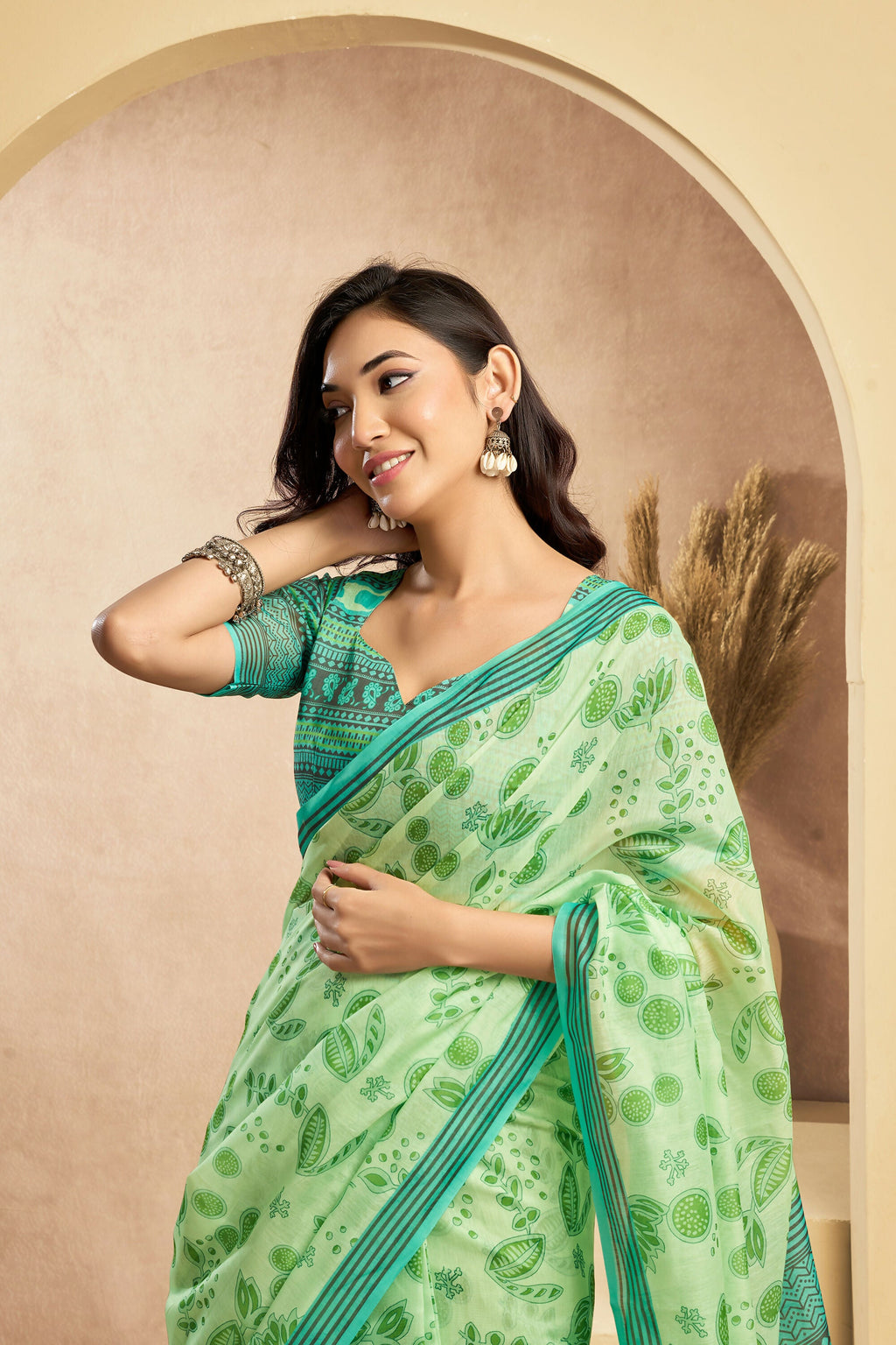 Vastranavya Mint Green Digital Printed Linen Ready To Wear Designer Saree with Unstitched Blouse | Grocsy