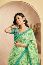 Vastranavya Mint Green Digital Printed Linen Ready To Wear Designer Saree with Unstitched Blouse | Grocsy