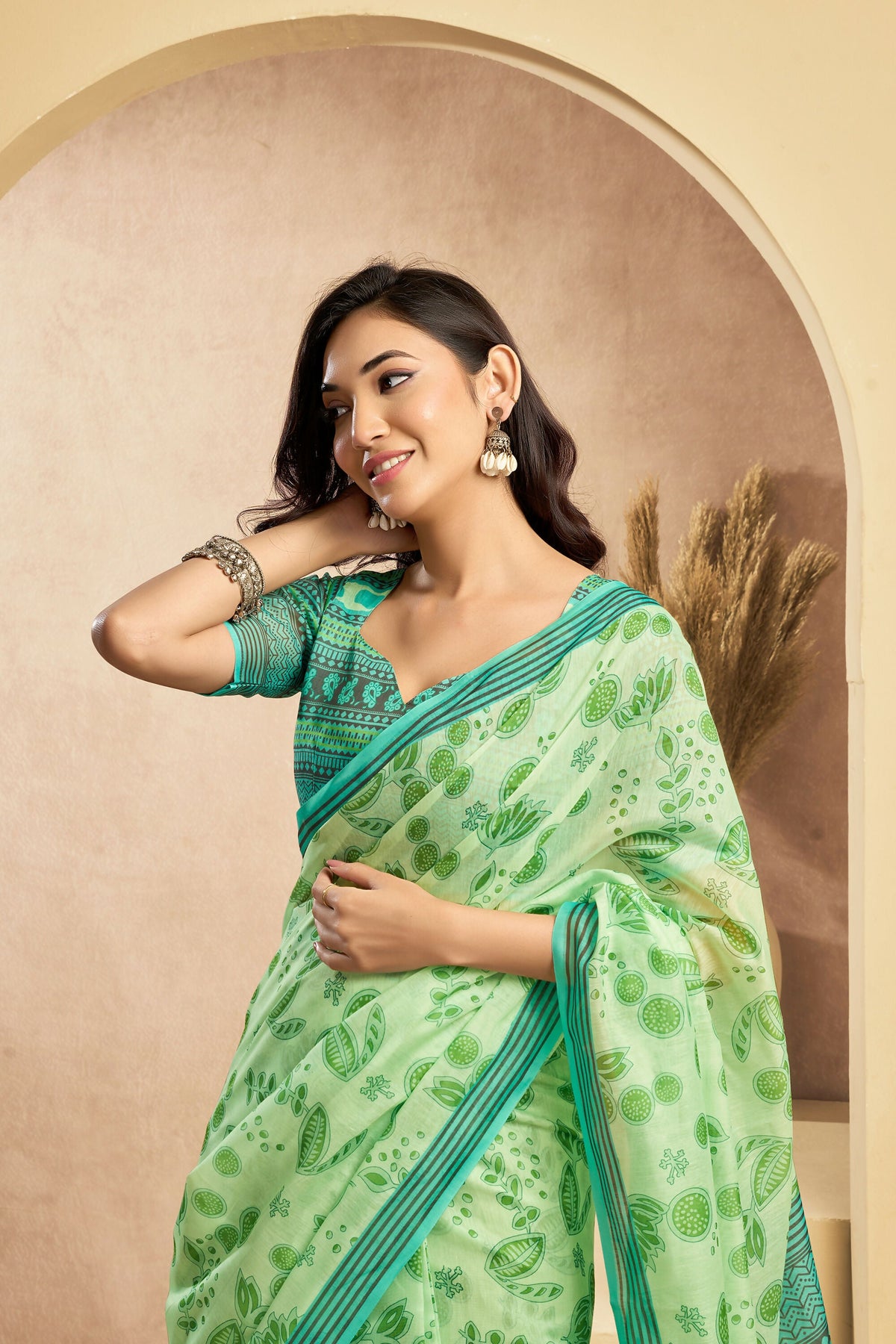 Vastranavya Mint Green Digital Printed Linen Ready To Wear Designer Saree with Unstitched Blouse | Grocsy