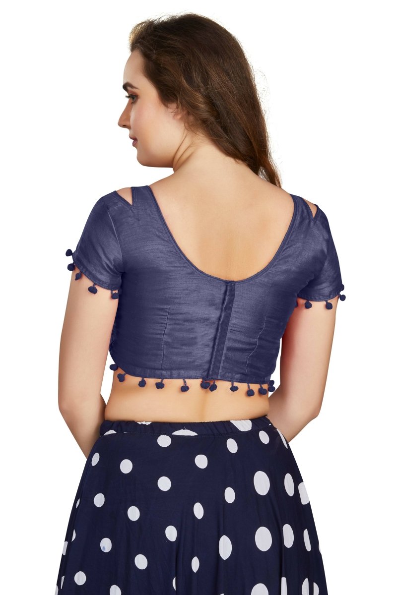 Aastha Fashion Women's Navy Blue Art Silk Pom Pom Lace Readymade Blouse | Grocsy
