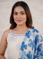 Teeya Creation Women’s Off-White Straight Cotton Kurta Pant Set with Floral Organza Dupatta Set | Grocsy