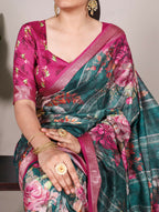 Vastranavya Green Tussar Silk Printed with Viscose Border Saree with Unstitched Blouse | Grocsy