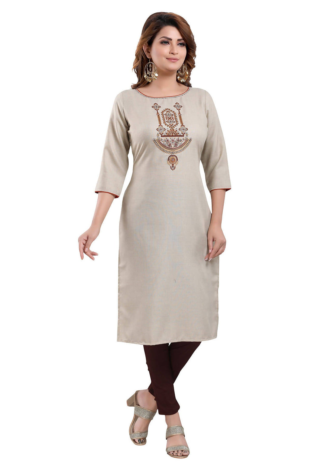 Snehal Creations Boastful Beige Color Casual Cotton Ladies Kurti With Embroidery | Grocsy