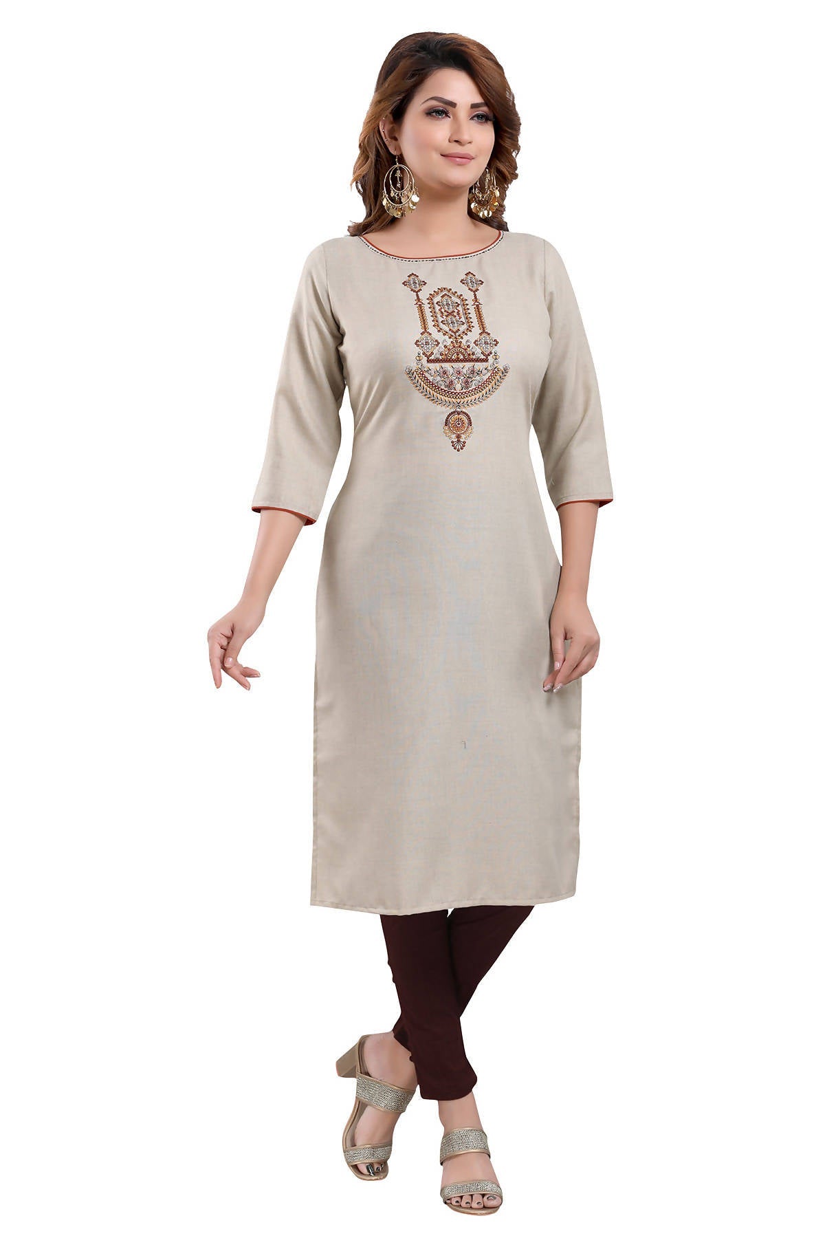 Snehal Creations Boastful Beige Color Casual Cotton Ladies Kurti With Embroidery | Grocsy