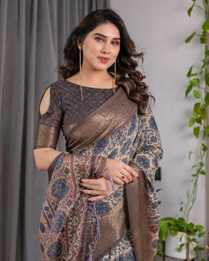 PR Fashion Grey Pure Handloom Linen Saree | Grocsy