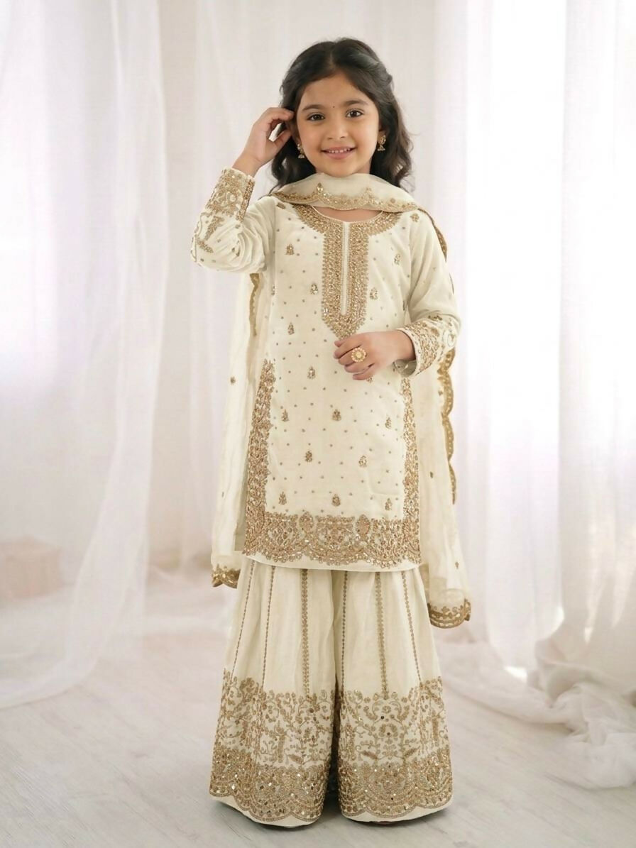 Teeya Creation New Trendy Fully Stitched Ready to Wear Kids Kurta Palazzo Set-White | Grocsy