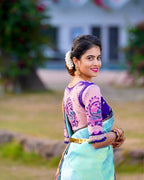 DEIANA'S Beautiful Designer Golden zari Soft Lichi Silk Saree - Sky | Grocsy