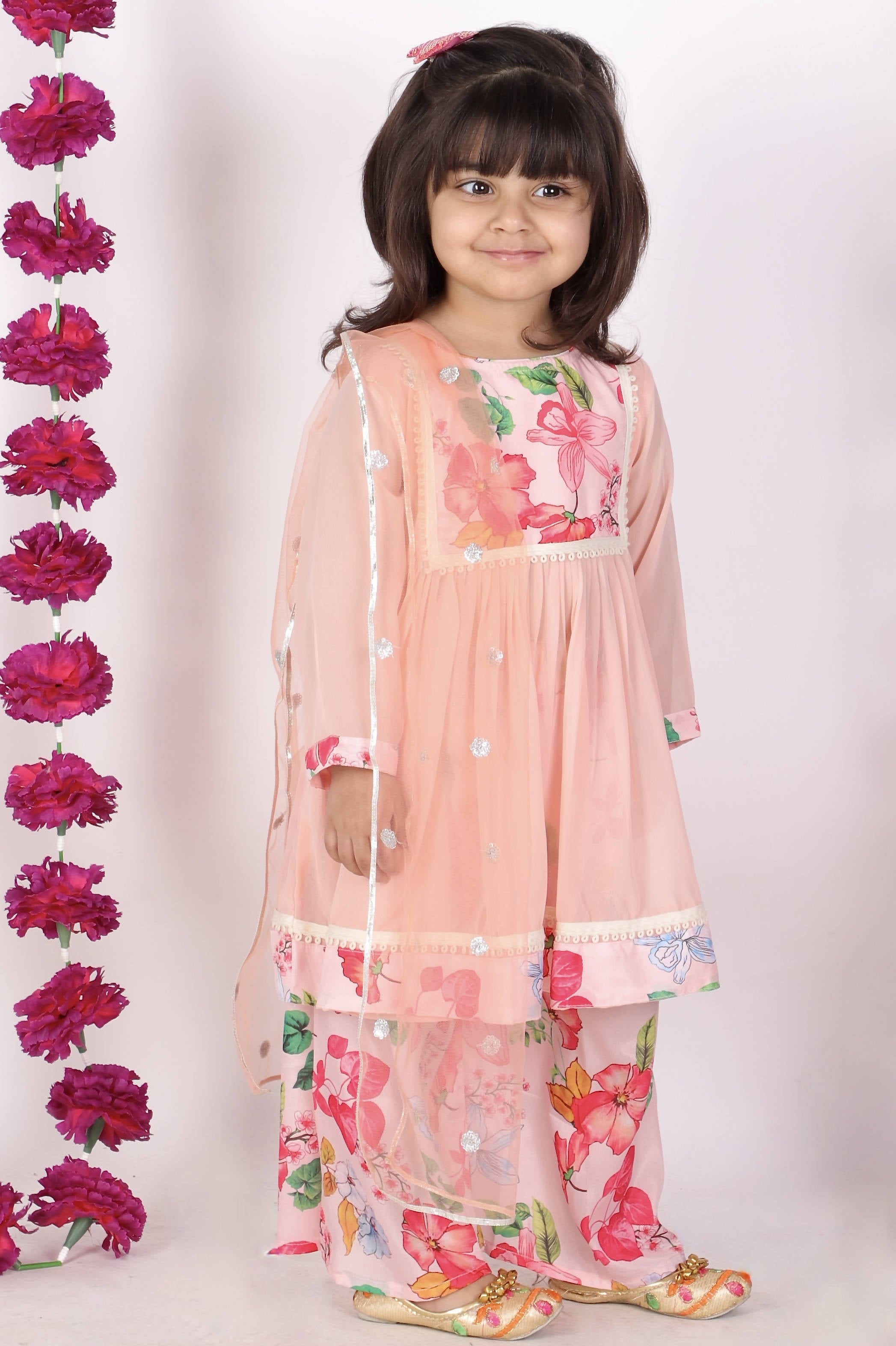 Little Bansi Girls Peach Color Rose print Kurta Frock with Floral Plazzo and Dupatta | Grocsy