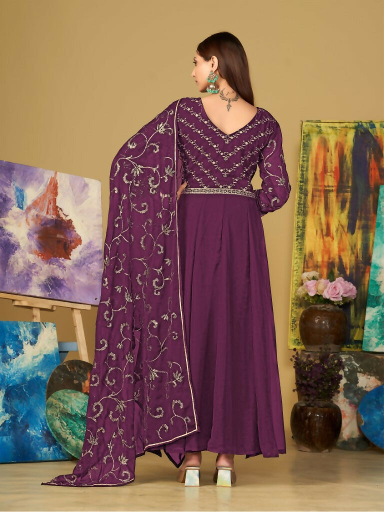 Jyoti Fashion Women's Purple Georgette Embroidered Anarkali Kurta Pant Set With Dupatta | Grocsy