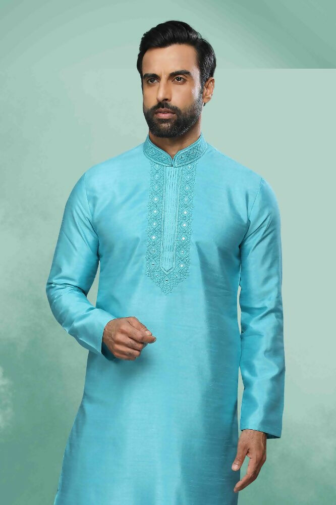 Raivat Ethnic Art Silk Mirror Embroidery Work Kurta Pajama In Sky Blue Colour | Grocsy
