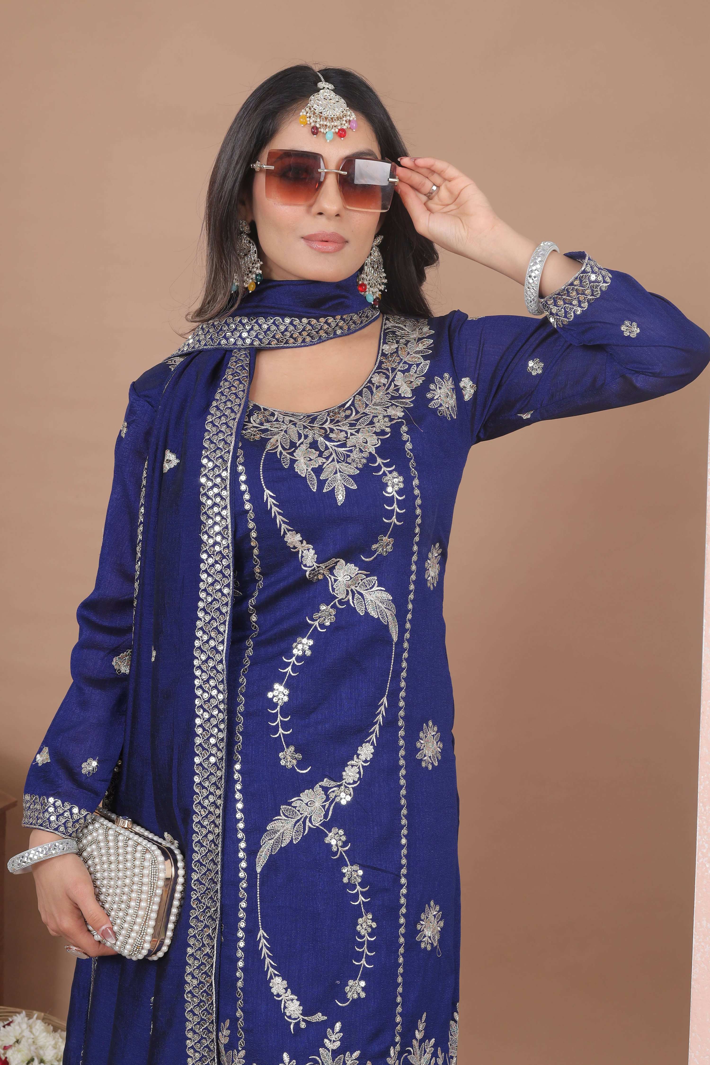 The52 Women's Gorgeous Embroidery Work Vichitra Blooming Fabric Straight Kurta Sharara and Dupatta Set-Blue | Grocsy