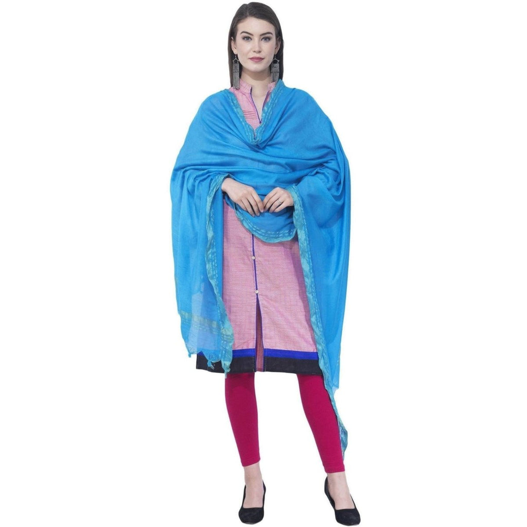 A R Silk Dark Sky Blue Color Golden Border Cotton Dupatta | Grocsy