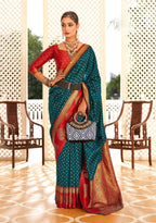 Teal Soft Banarasi Paithani Copper Zari Weaving Saree With Unstitched Blouse Piece - Jodha | Grocsy