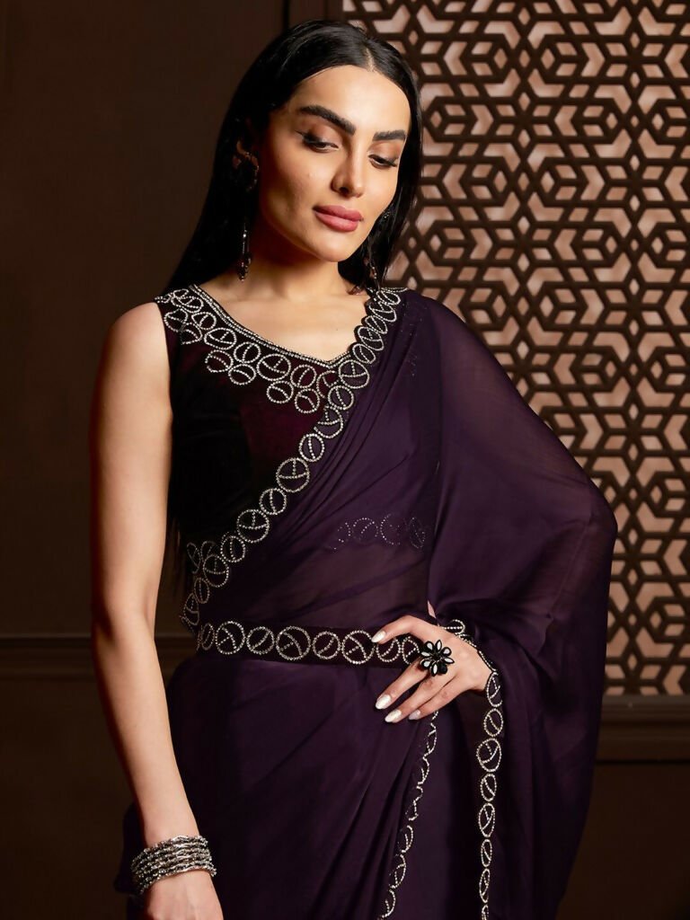 Aafreen Partywear Designer Purple Satin Chiffon Fancy Saree | Grocsy