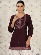 Magenta Chinon Embroidered Straight Top - Zeny | Grocsy