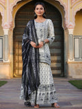 Juniper Women's Off White Rayon Floral Placement Kurta With Sharara And Dupatta Set | Grocsy