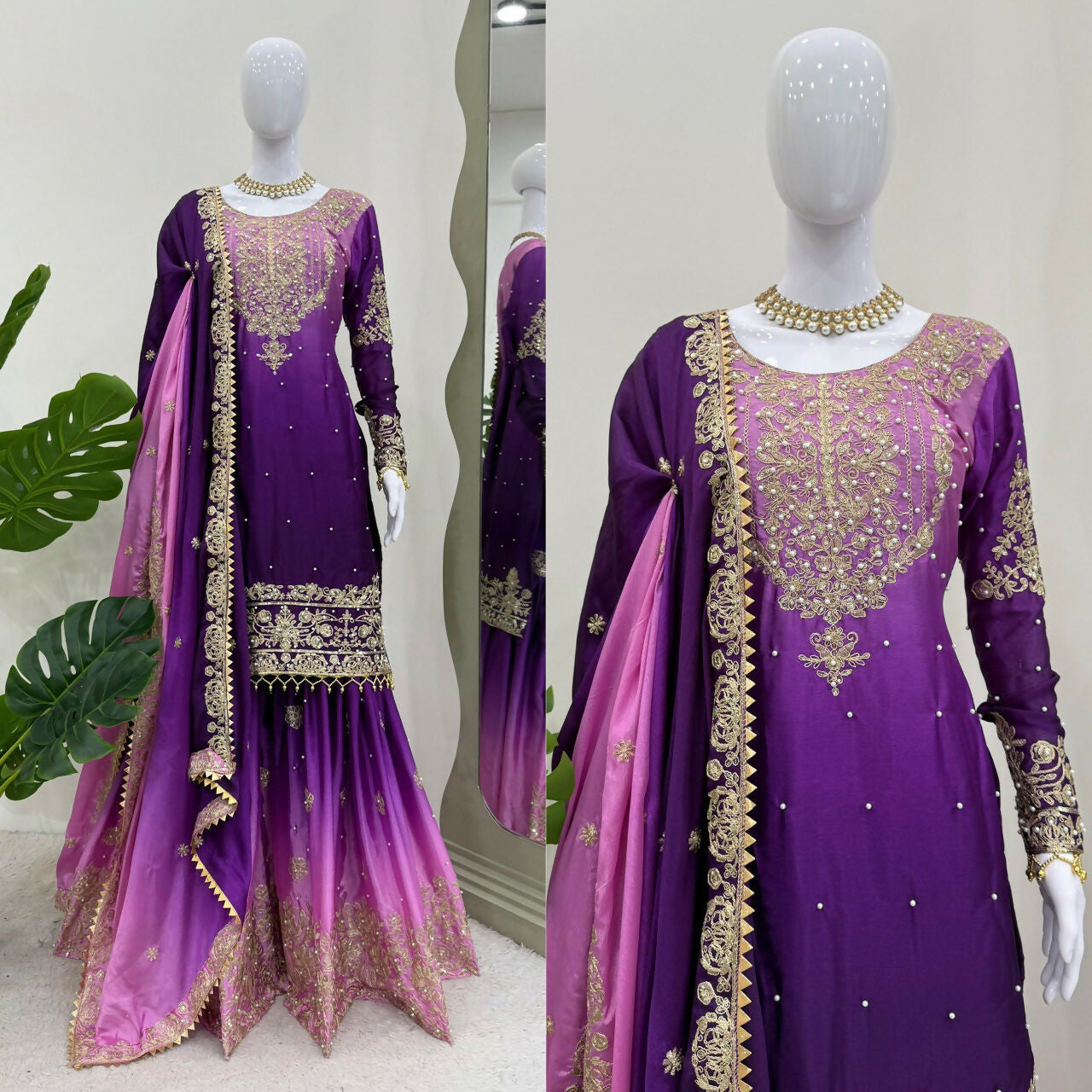 The52 Women's Beautiful Chinon silk Fabric Embroidery Work Straight Kurta Palazzo and Dupatta Set | Grocsy