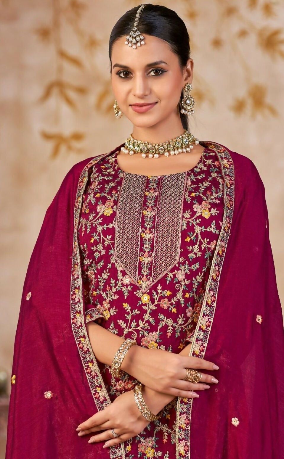 Anaita Maroon Vichitra Silk Readymade Palazzo Suit with Embroidery & Lace Work | Grocsy