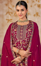 Anaita Maroon Vichitra Silk Readymade Palazzo Suit with Embroidery & Lace Work | Grocsy