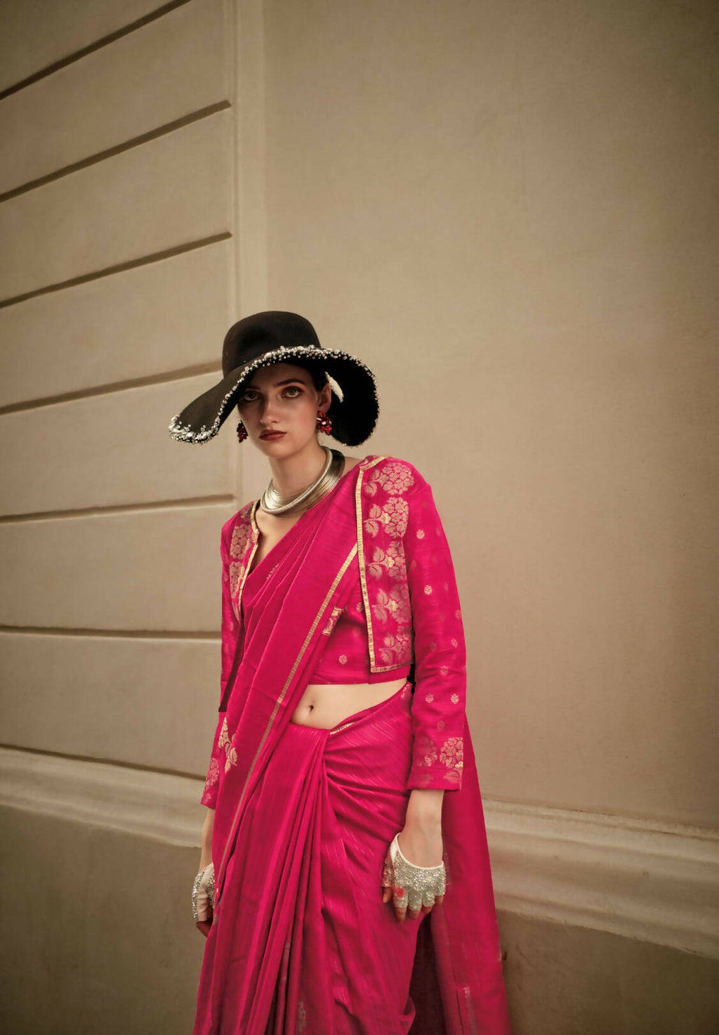 Dark Pink Weavead Thread & Zari Work, Handloom Weaving Banarasi Satin Silk Saree - Rajtex Kronicle Silk | Grocsy
