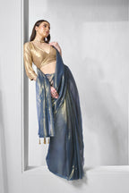 Blue Gold Tissue Net Solid & Gold Cotted Saree - Samaa | Grocsy