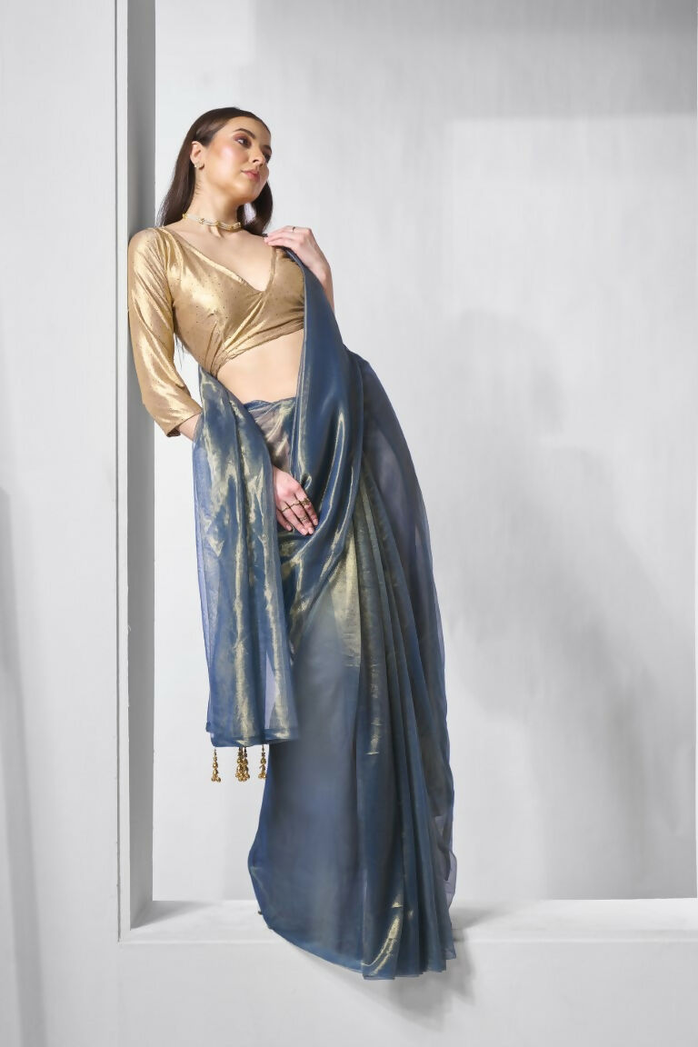 Blue Gold Tissue Net Solid & Gold Cotted Saree - Samaa | Grocsy