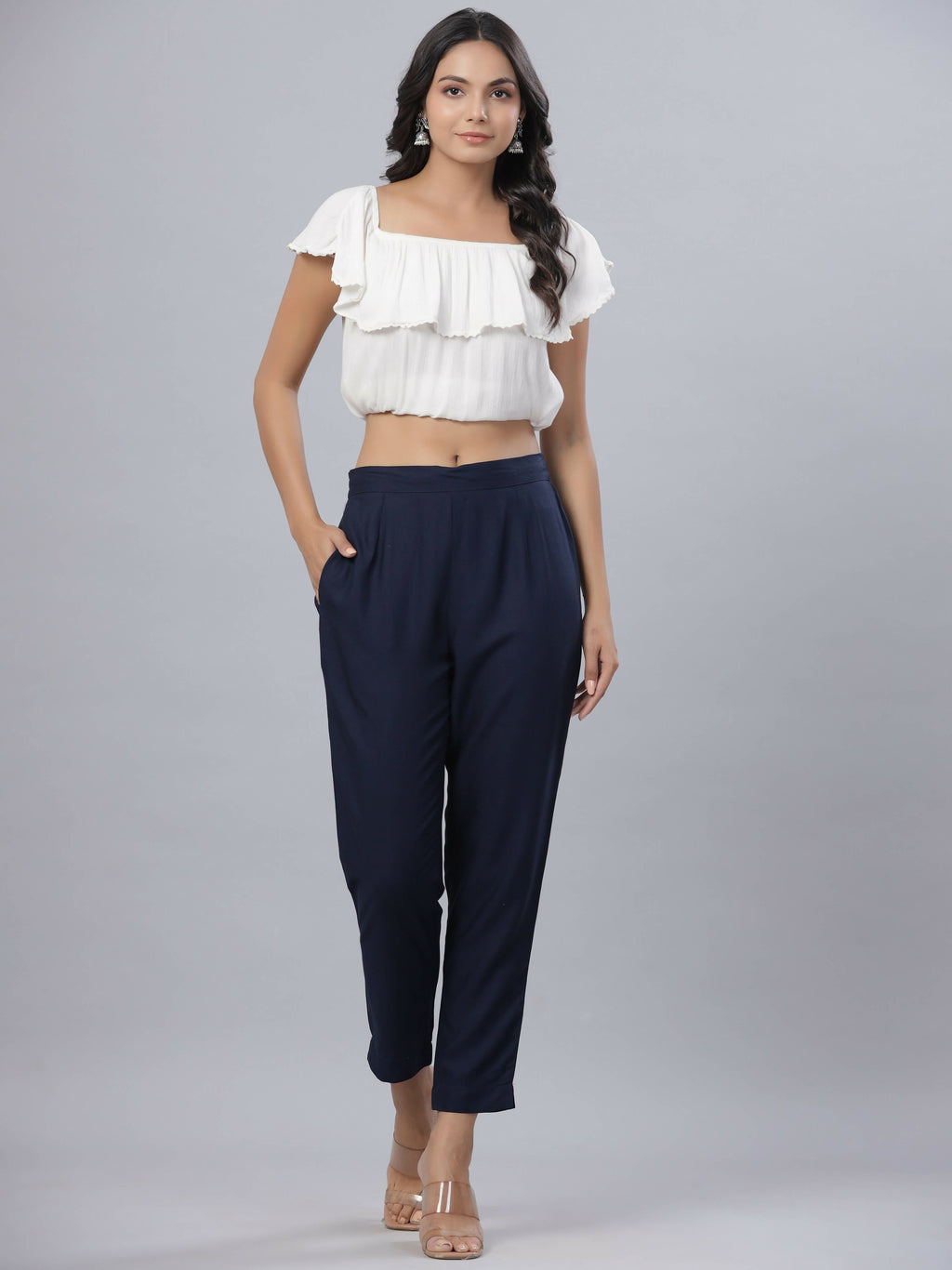 Juniper Women's Navy Rayon Solid Stright Slim Pant | Grocsy