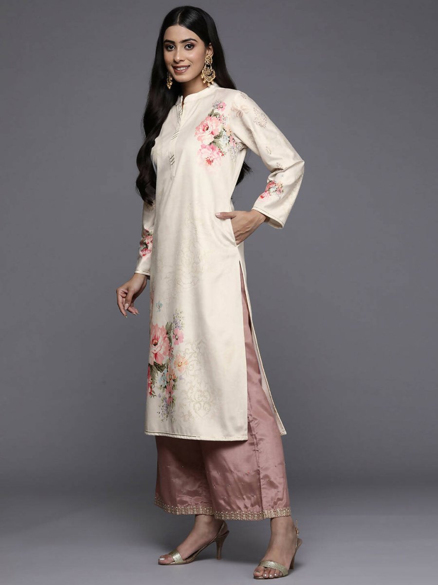 Ahalyaa Women Cream-Coloured & Pink Floral Printed Gotta Patti Floral Velvet Kurta | Grocsy