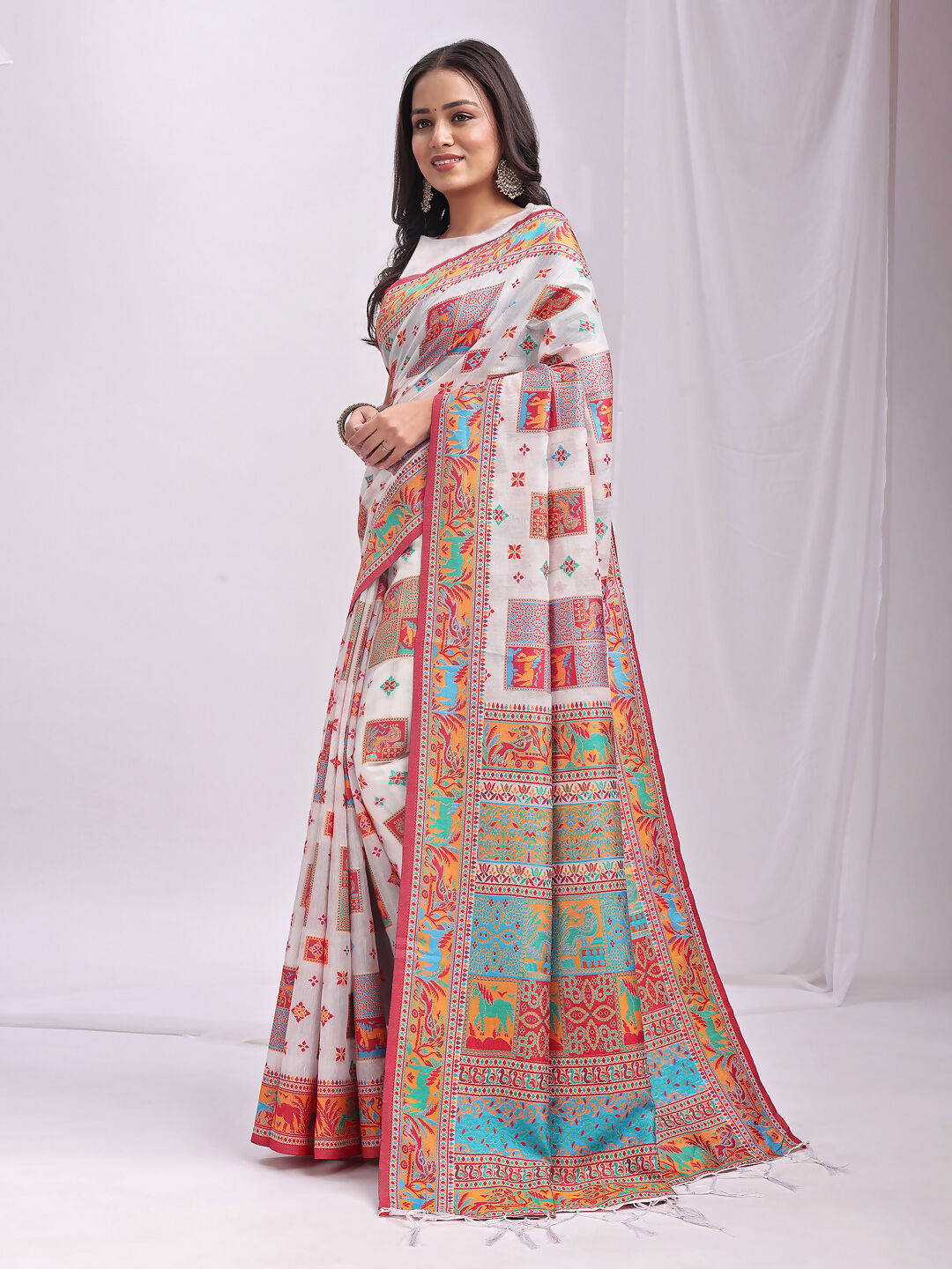 Shree Shyam Fashion Vastraloom White Linen Cotton Saree | Grocsy