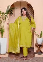 Miravan Womens Plus Size Muslin Yellow Kurta and Palazzo with Dupatta Set | Grocsy