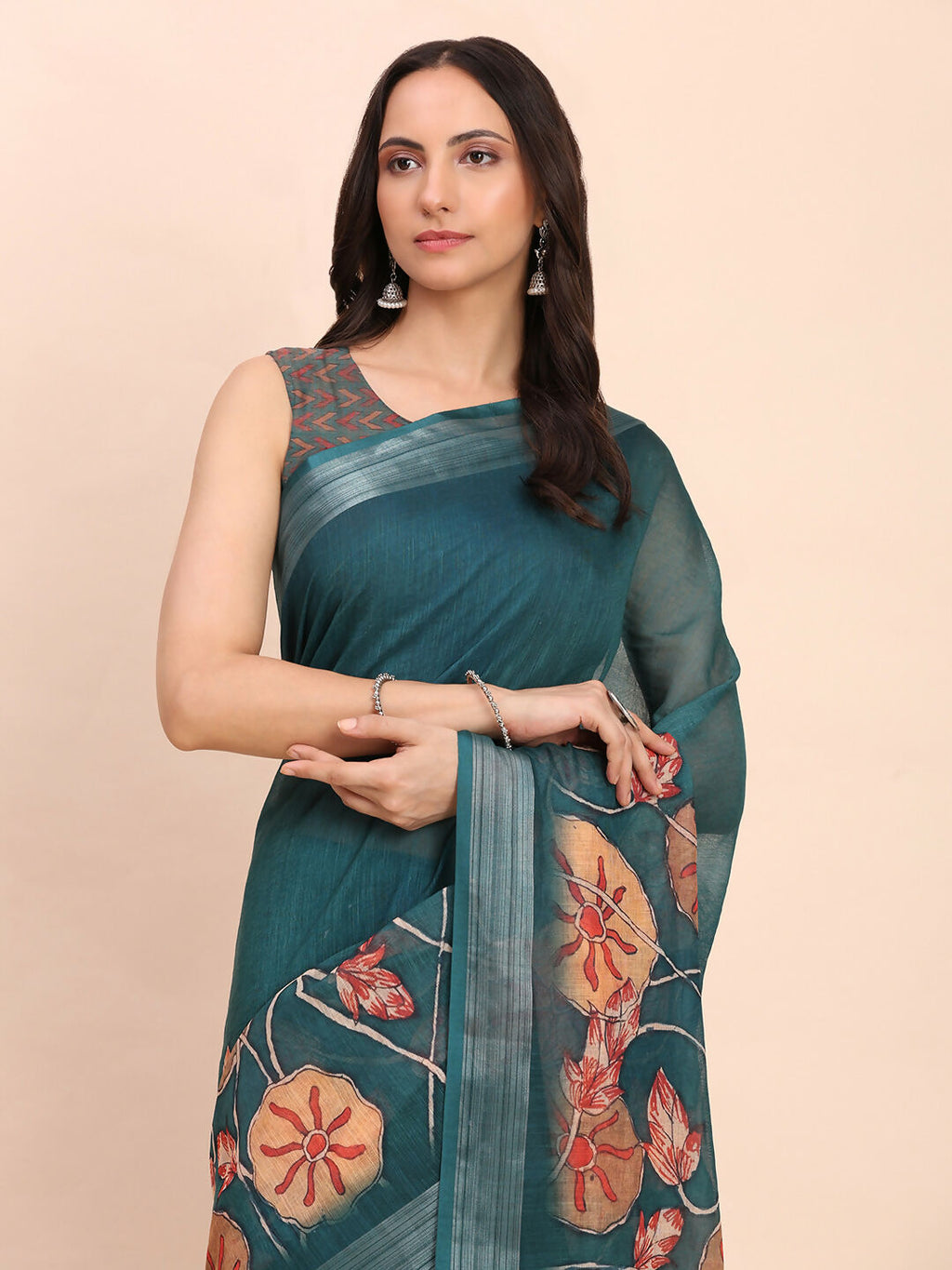 Shree Shyam Fashion Linen Cotton Teal Blue Saree | Grocsy