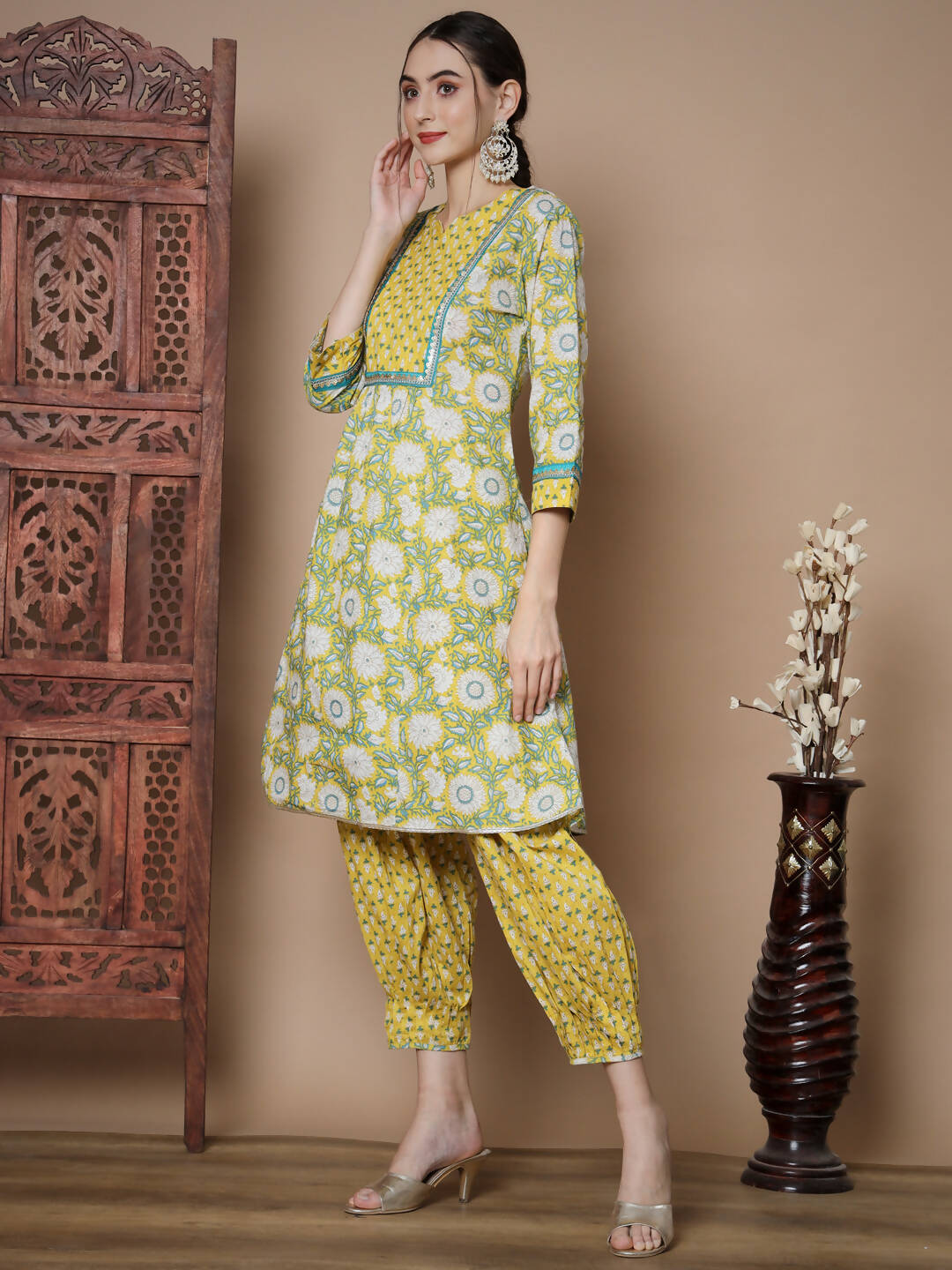 Myshka Women's Yellow A-Line Kurta & Salwar With Dupatta | Grocsy