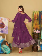 Jyoti Fashion Women's Purple Georgette Embroidered Anarkali Kurta Pant Set With Dupatta | Grocsy