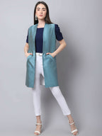 Even Apparels Blue Bansari Silk Open Front Women's Long Coat | Grocsy