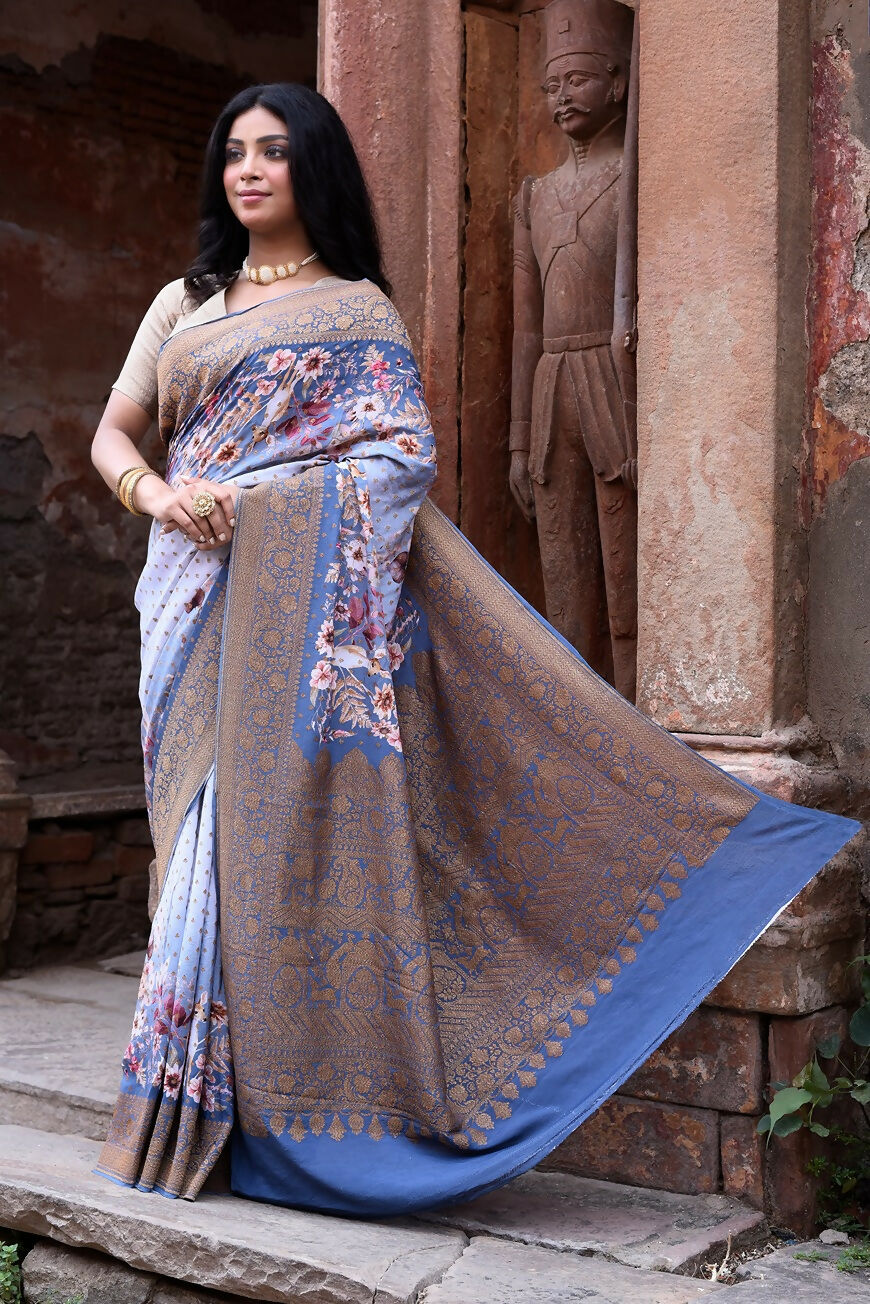 Joban Fashion Dusty Blue Crepe Chiffon Pure Handloom Banarasi Silk Saree | Grocsy