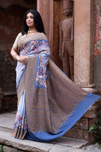 Joban Fashion Dusty Blue Crepe Chiffon Pure Handloom Banarasi Silk Saree | Grocsy