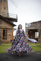 Aayaa Designer Printed Georgette Full Flare Gown With Dupatta - Multi Color | Grocsy