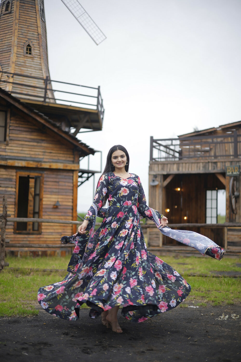 Aayaa Designer Printed Georgette Full Flare Gown With Dupatta - Multi Color | Grocsy