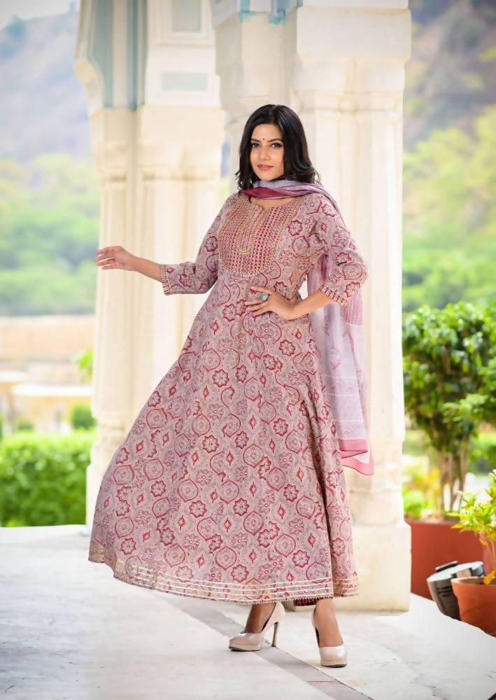 Yufta Women Maroon Printed Kurta with Palazzo and Dupatta | Grocsy