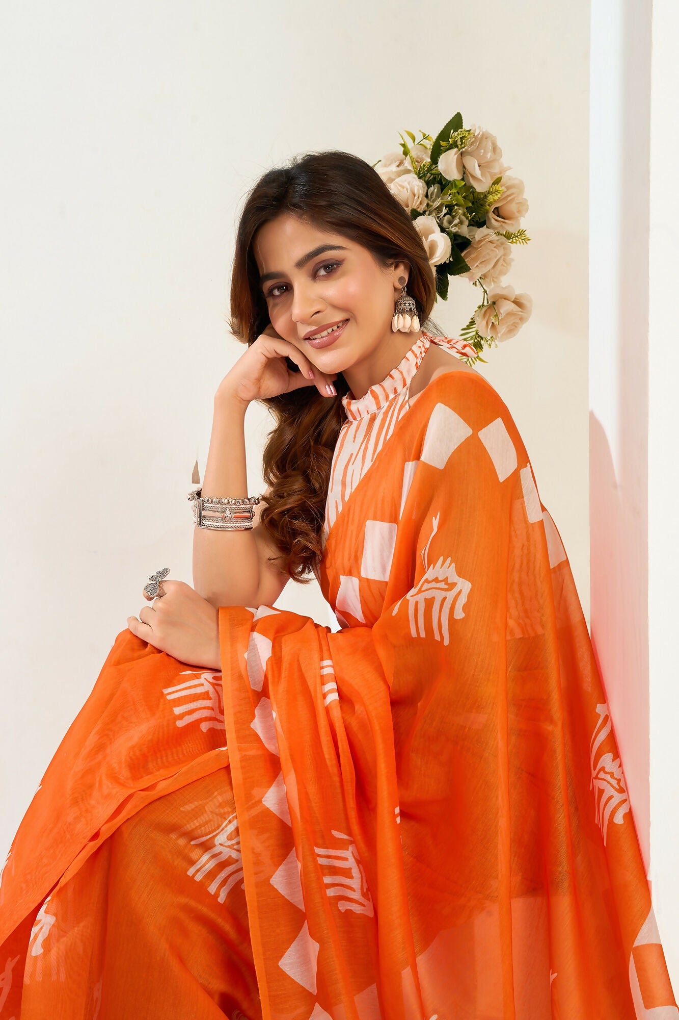 Vastranavya Orange Digital Printed Linen Ready To Wear Designer Saree with Unstitched Blouse | Grocsy