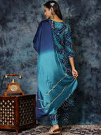Sangria Bandhani Print & Embroidered Kurta Palazzo & Dupatta Set | Grocsy