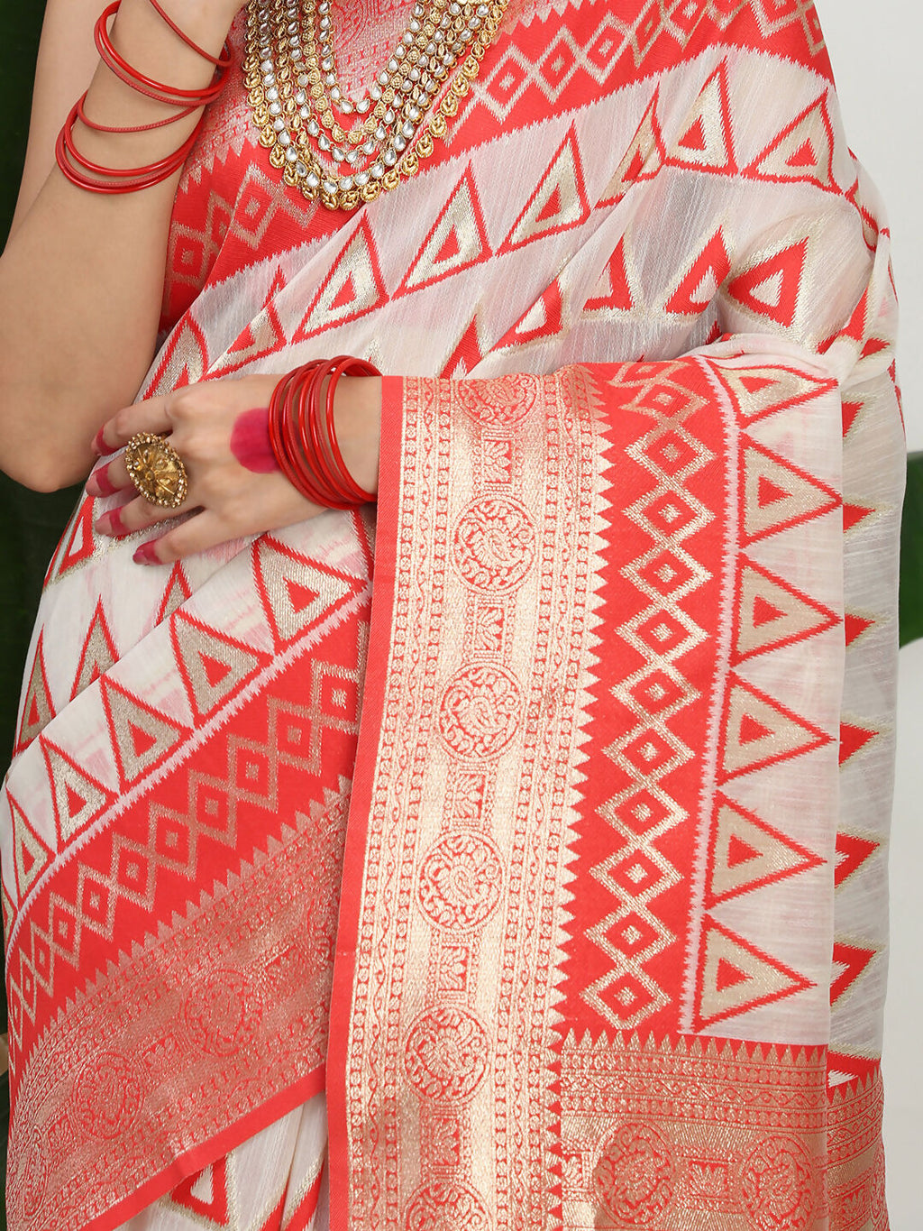 Shree Shyam Fashion Linen Cotton Red & White Saree | Grocsy