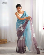 Sky Blue and Grey Crunchy Crush Pedding Color Embroidery Work Party Wear Saree - Zuleika | Grocsy