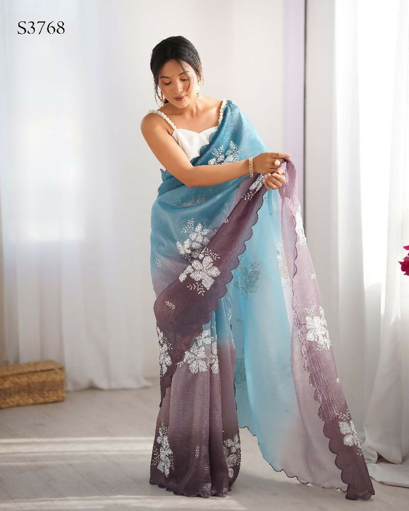 Sky Blue and Grey Crunchy Crush Pedding Color Embroidery Work Party Wear Saree - Zuleika | Grocsy