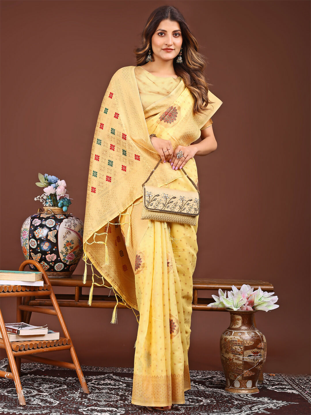 Shree Shyam Fashion Neerja Yellow Linen Cotton Saree | Grocsy